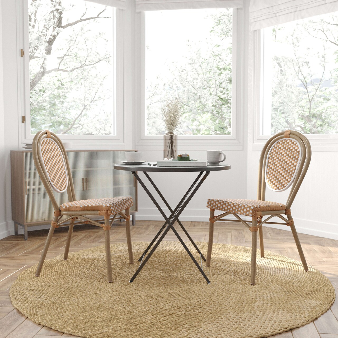 Merrick Lane Celia Set of Two Stacking Thonet Bistro Style Chair, PE Rattan Seat, and Metal Frame for Indoor/Outdoor Use